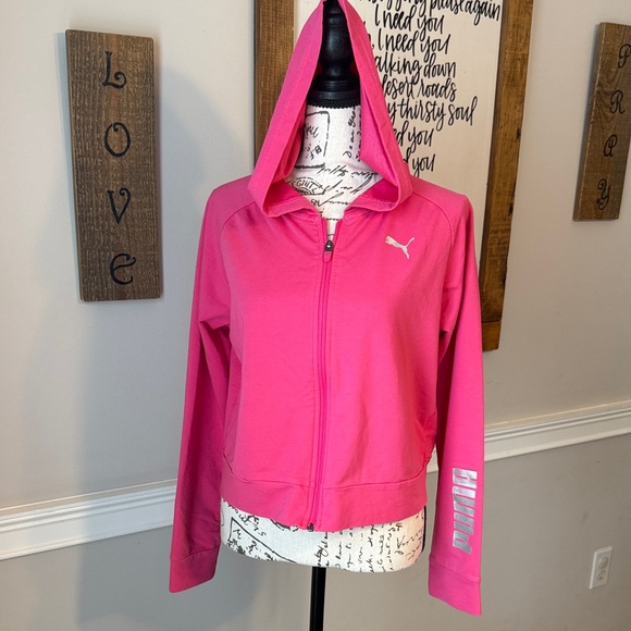 Puma Vibrant Pink Zip Up Cropped Hoodie - Picture 1 of 11
